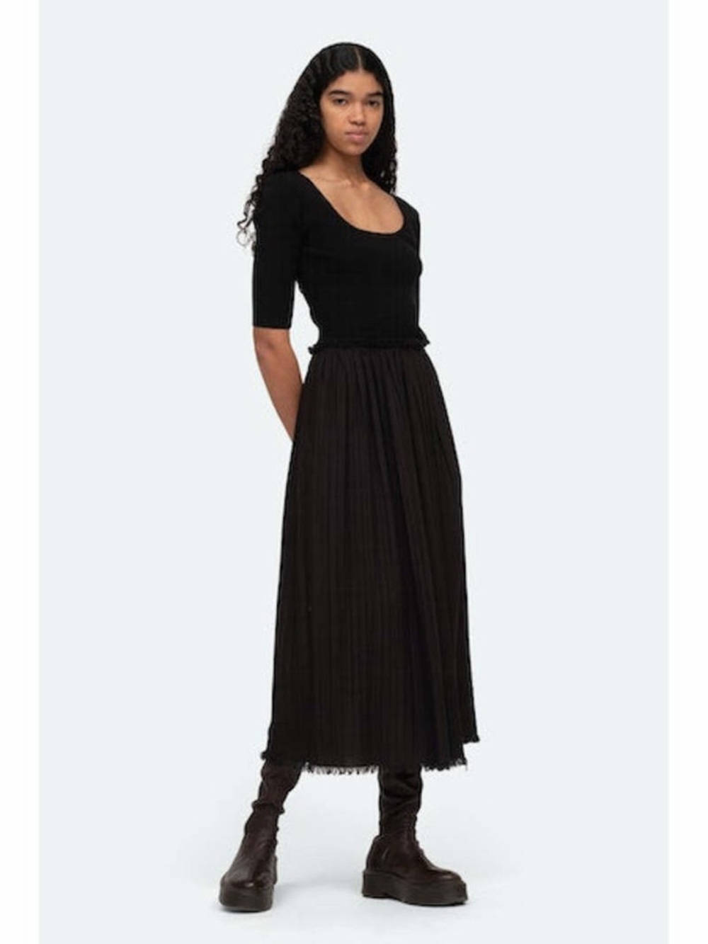 Sea New York Grier Pleated Scoop Neck Mixed Media Dress